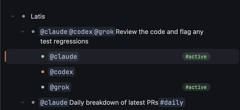 One outline item tagged with Claude, Codex and Grok above three agent runs