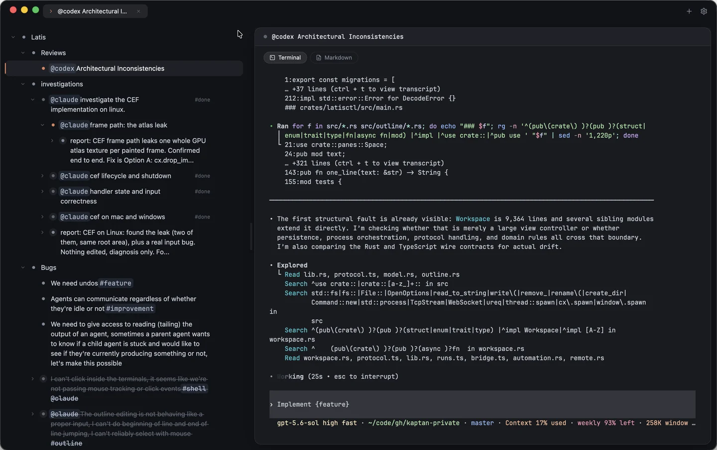 Latis with an outline of reviews and bugs beside a running Codex agent